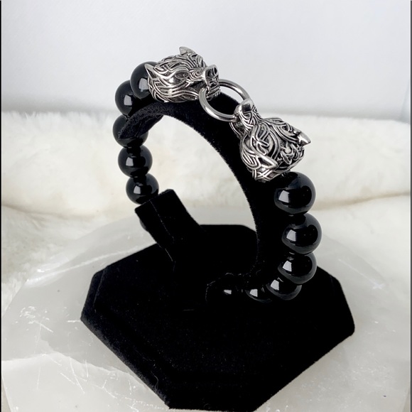 Men or women Rocker viking stainless steel tribal wolfs heads & genuine onyx - Picture 7 of 16